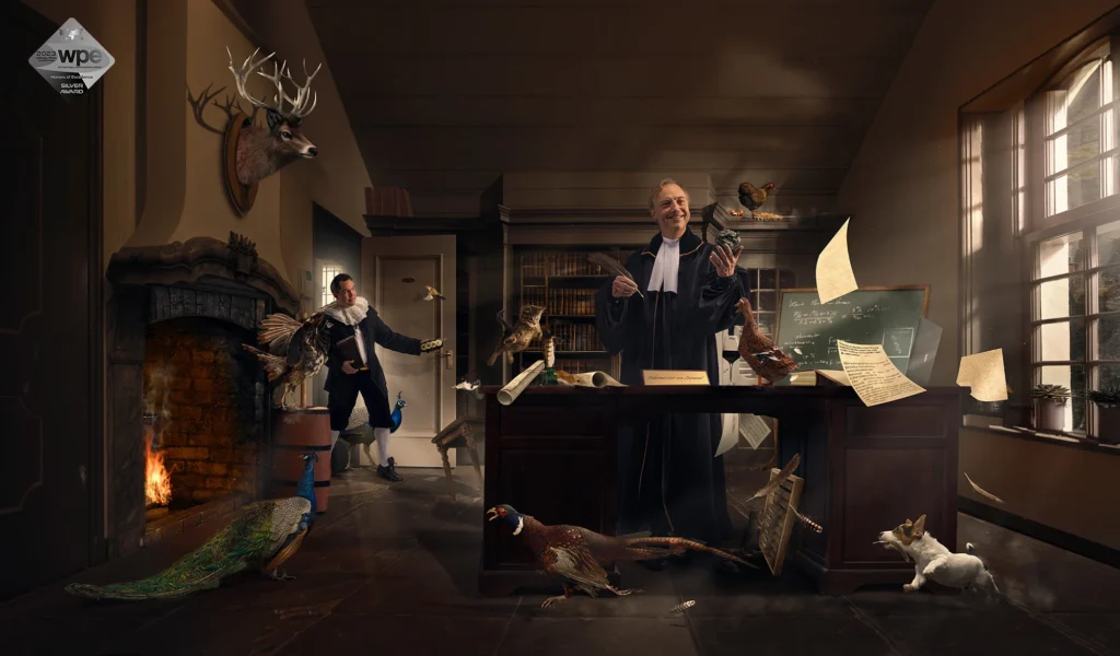 Geënsceneerde compositie met twee mannen en rondvliegende papieren in een studeerkamer