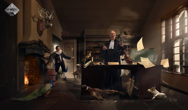 Geënsceneerde compositie met twee mannen en rondvliegende papieren in een studeerkamer