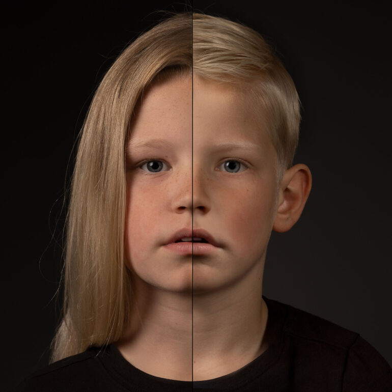 Samengesteld portret waarin de linkerhelft van het gezicht van een meisje en de rechterhelft van een jongen één gezicht vormen.